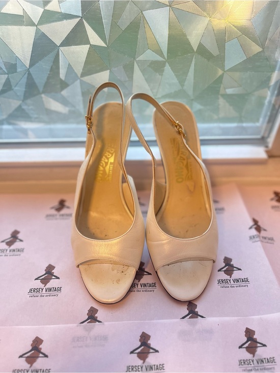 Salvatore Ferragamo Shoes - Salvatore Ferragamo Cream Leather Slingback Peep-Toe Heels
